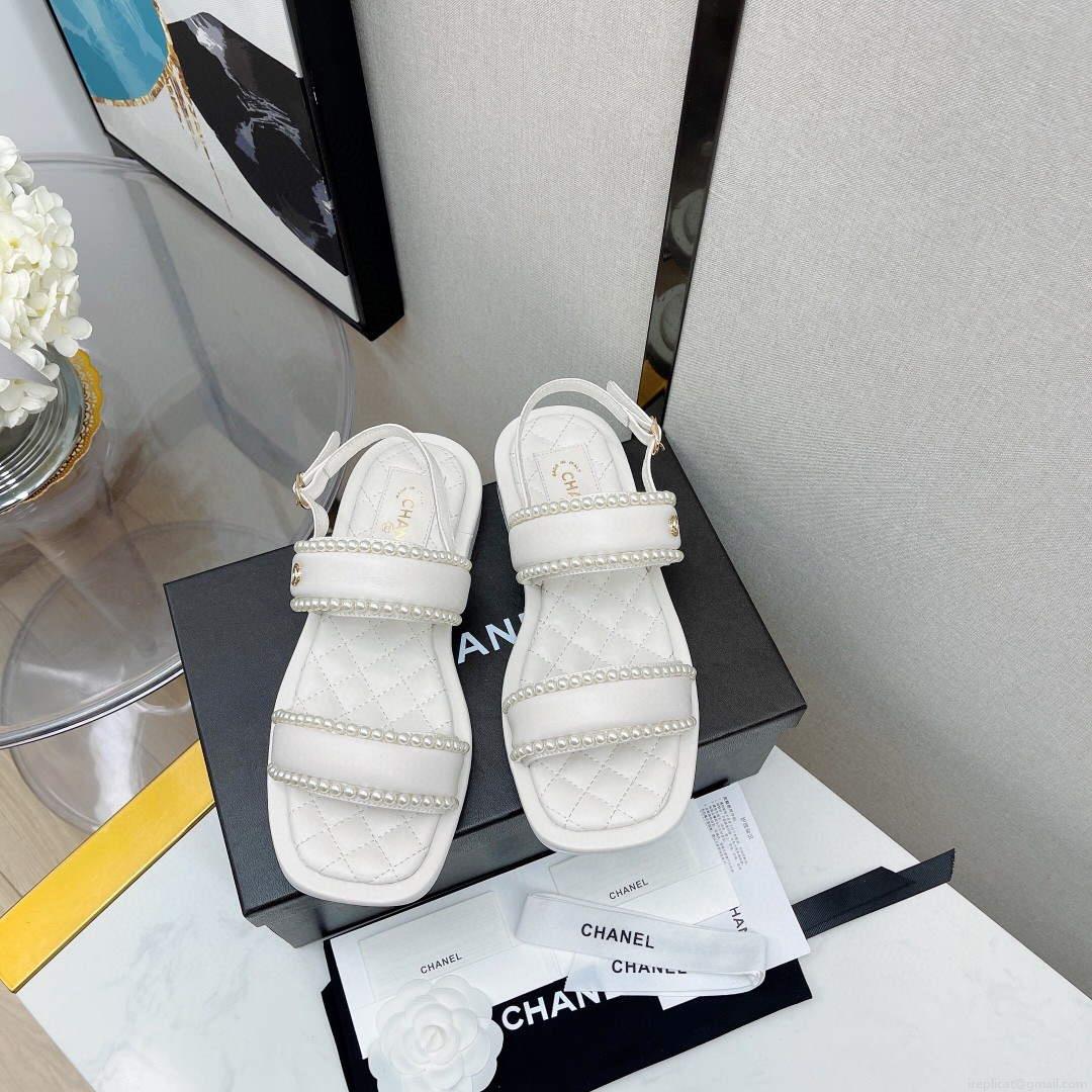 Chanel Women’s Sandals G38423 Satin Imitation Pearls C90246 White