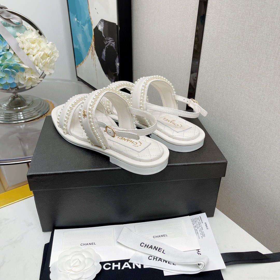 Chanel Women’s Sandals G38423 Satin Imitation Pearls C90246 White
