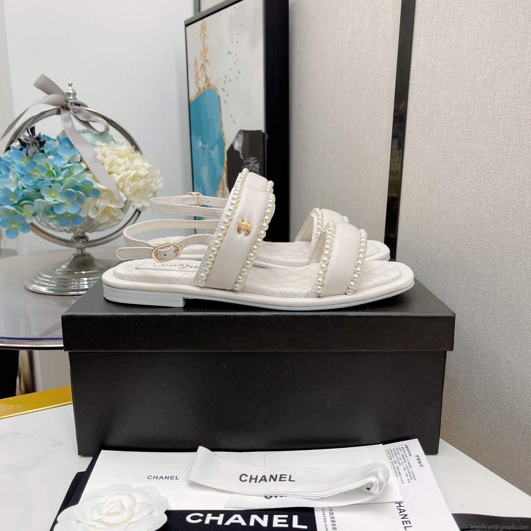 Chanel Women’s Sandals G38423 Satin Imitation Pearls C90246 White