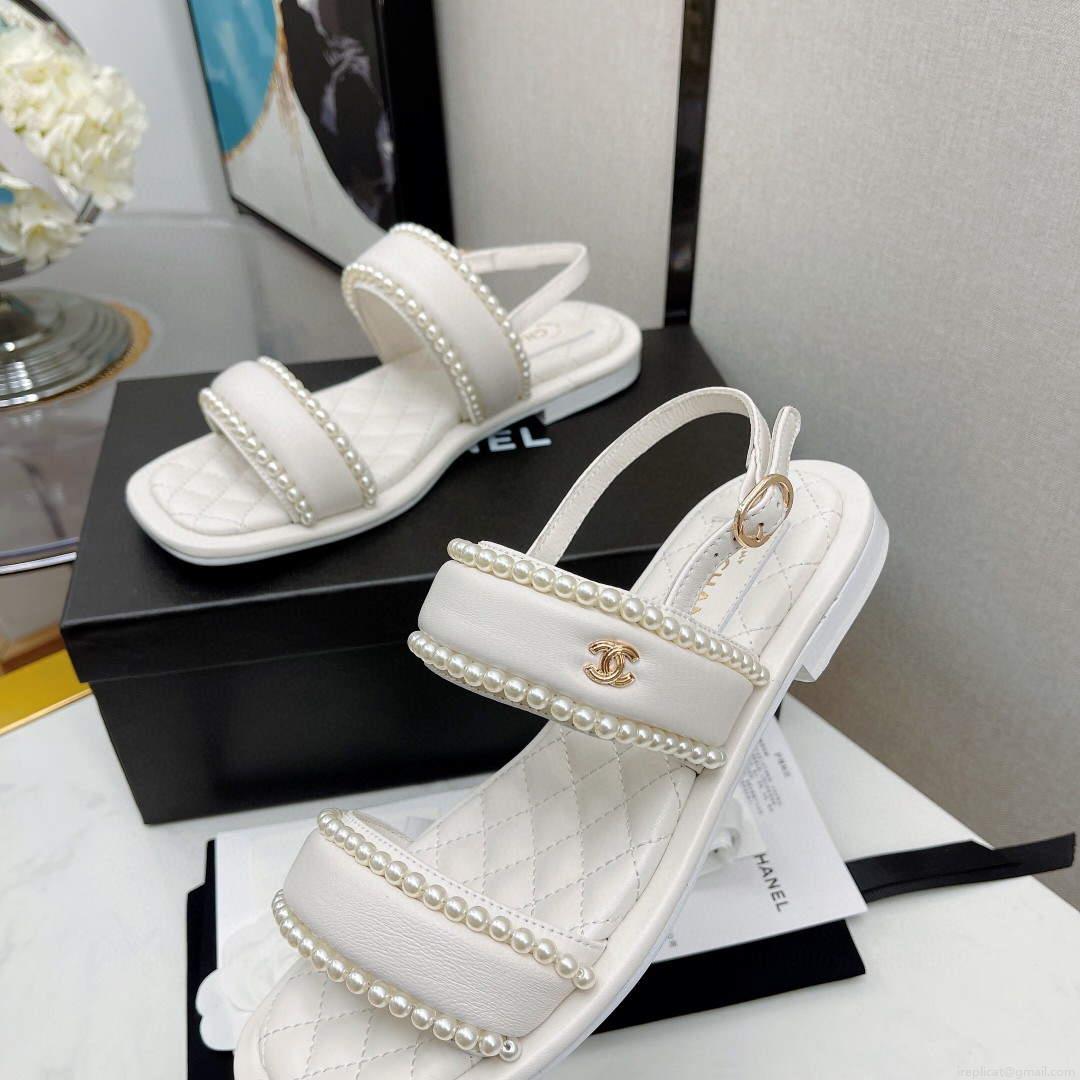 Chanel Women’s Sandals G38423 Satin Imitation Pearls C90246 White