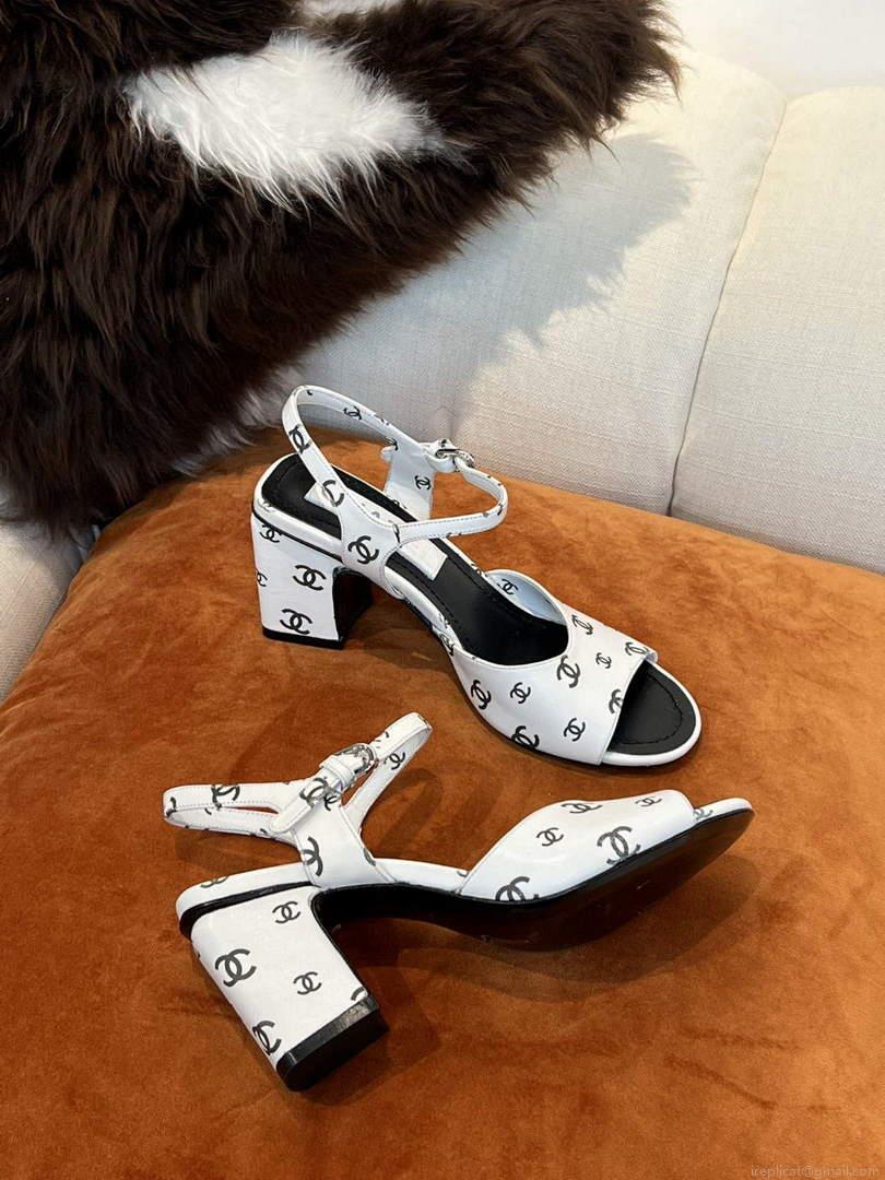 Chanel Women’s Sandals G38969 Printed Lambskin White with Black C90242