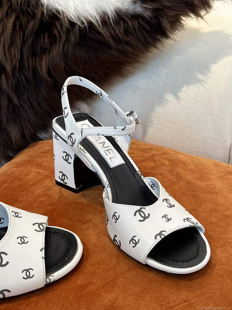 Chanel Women’s Sandals G38969 Printed Lambskin White with Black C90242
