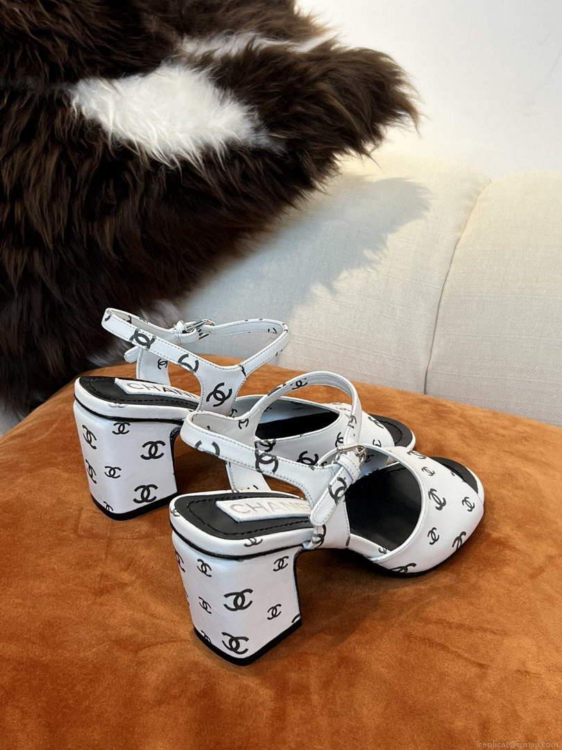 Chanel Women’s Sandals G38969 Printed Lambskin White with Black C90242