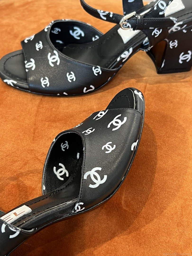 Chanel Women’s Sandals G38969 Printed Lambskin Black White C90241