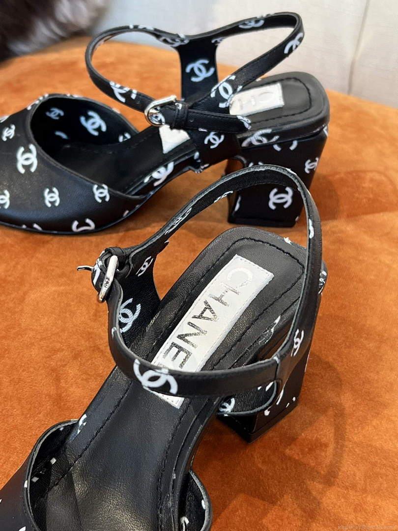 Chanel Women’s Sandals G38969 Printed Lambskin Black White C90241