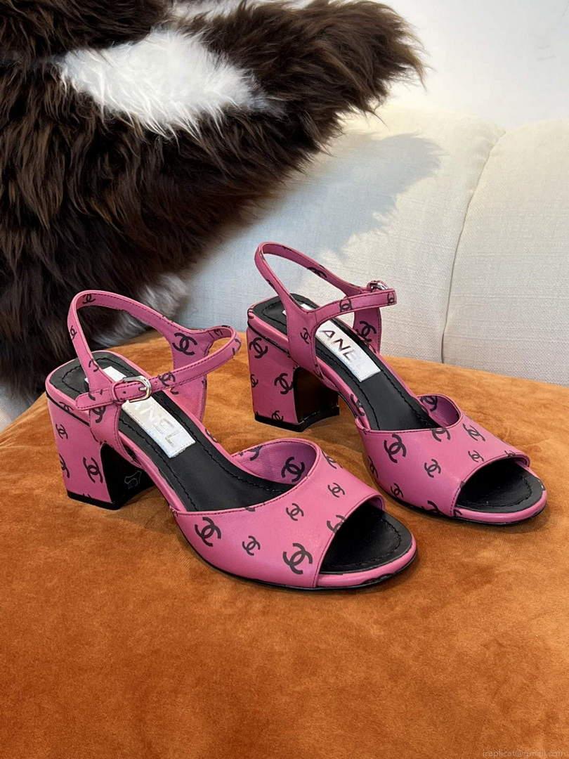 Chanel Women’s Sandals G38969 Printed Lambskin Pink Black C90240