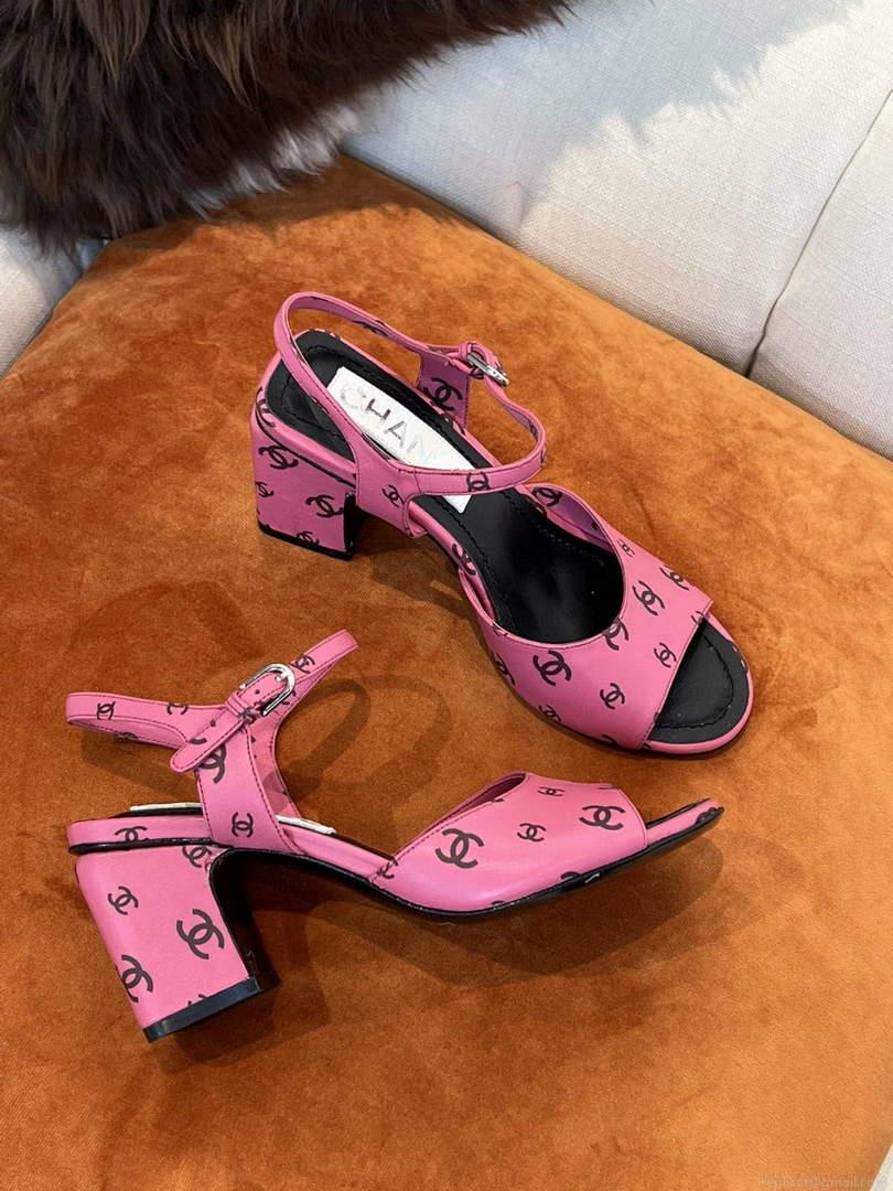 Chanel Women’s Sandals G38969 Printed Lambskin Pink Black C90240