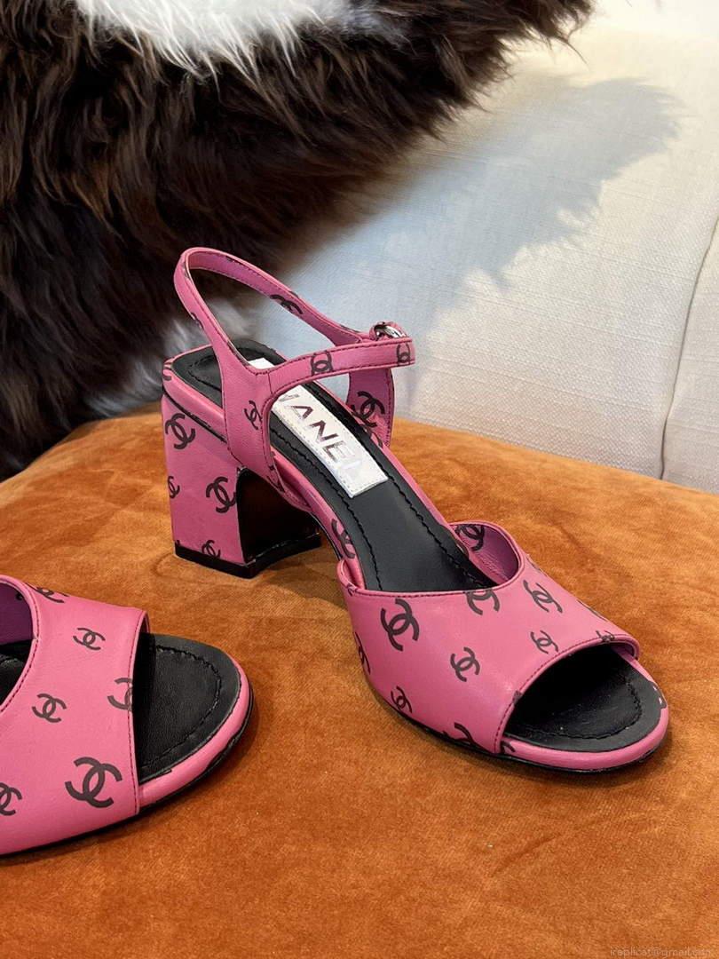Chanel Women’s Sandals G38969 Printed Lambskin Pink Black C90240
