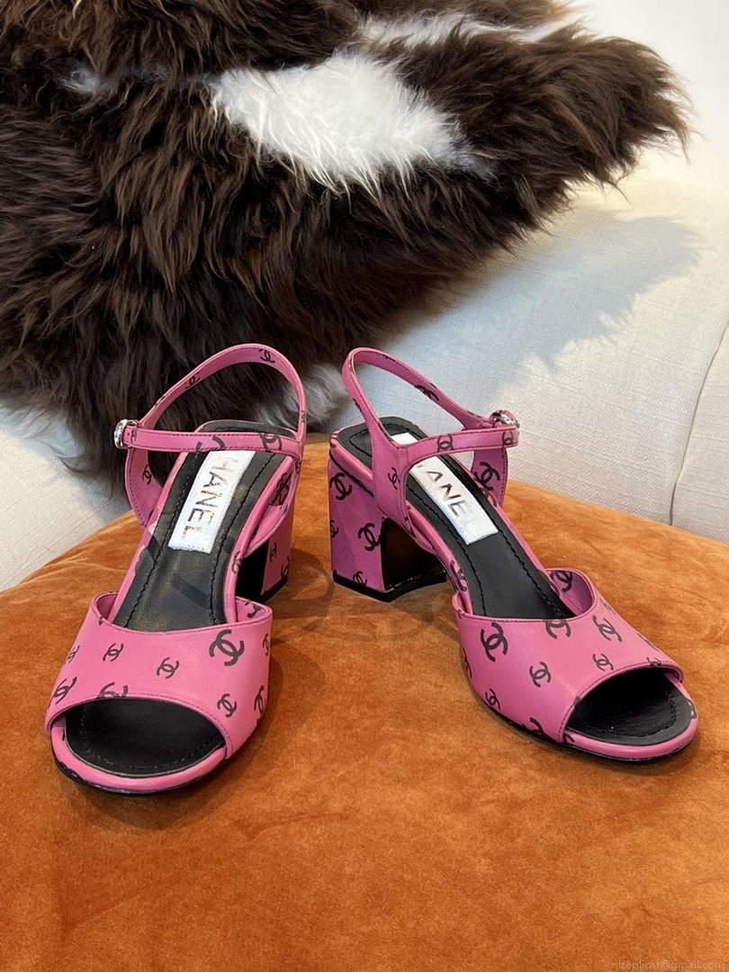 Chanel Women’s Sandals G38969 Printed Lambskin Pink Black C90240