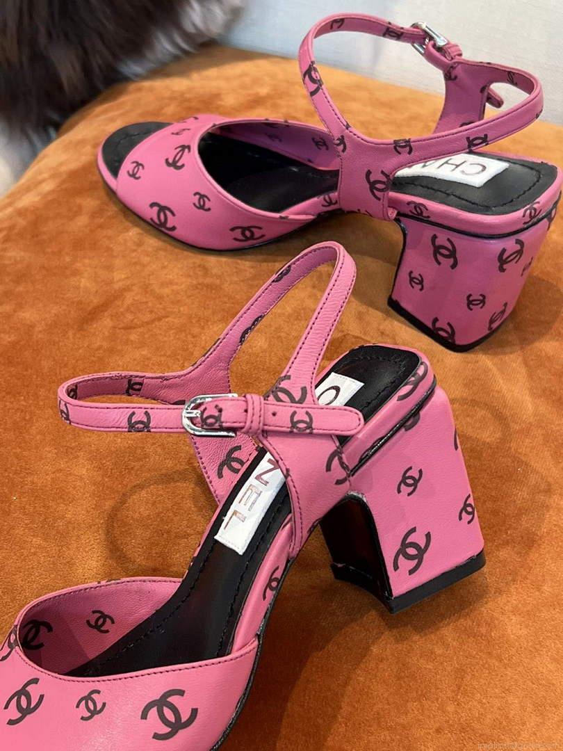 Chanel Women’s Sandals G38969 Printed Lambskin Pink Black C90240