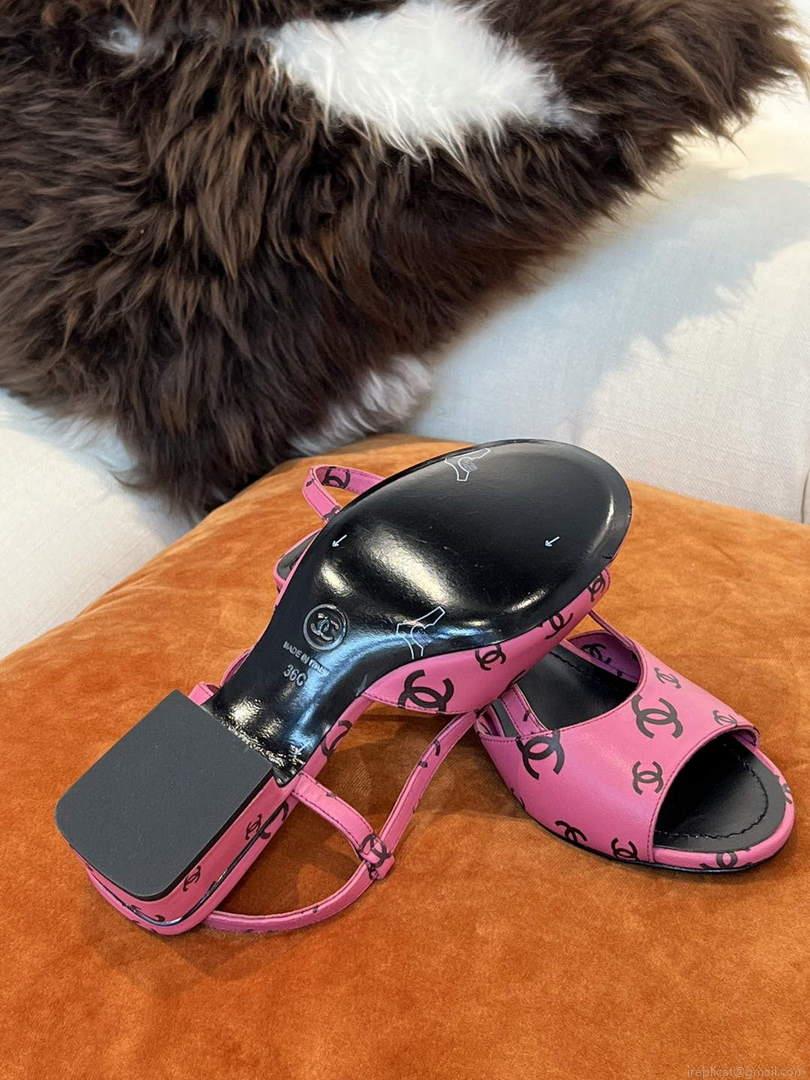 Chanel Women’s Sandals G38969 Chanel Designer Heel 35mm C90240 Printed Lambskin Pink Black