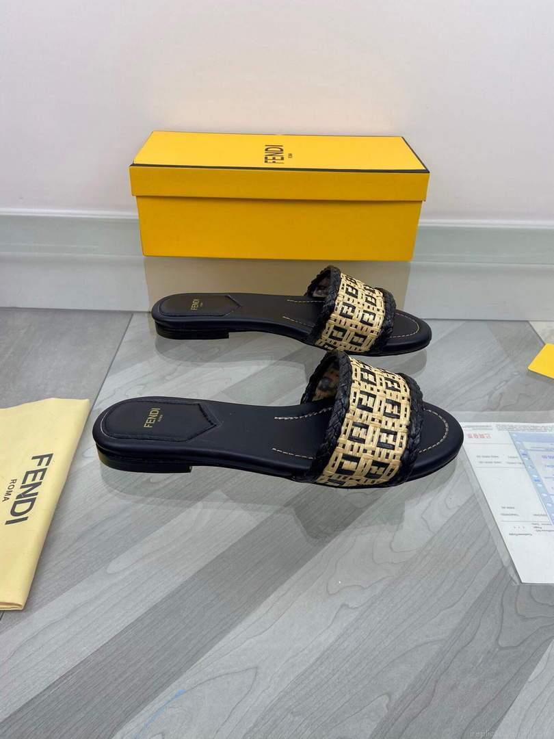 Fendi 8R8092 FF Interlace Leather Slides Flats Shoes Black