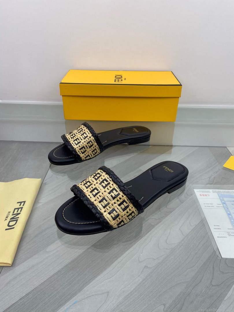 Fendi 8R8092 FF Interlace Leather Slides Flats Shoes Black