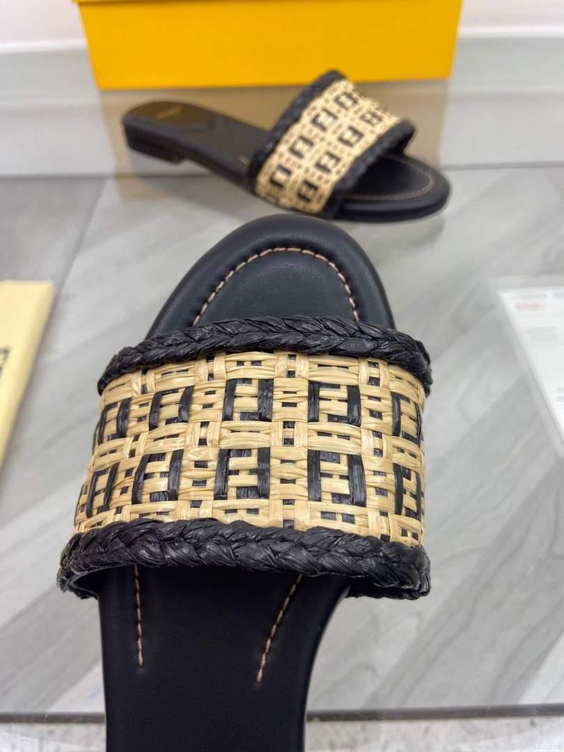 Fendi 8R8092 FF Interlace Leather Slides Flats Shoes Black