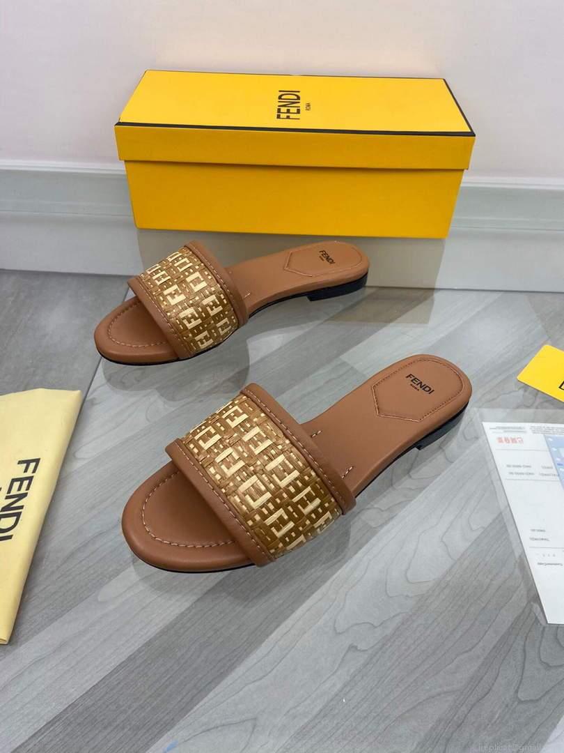 Fendi 8R8092 FF Interlace Leather Slides Flats Shoes Brown