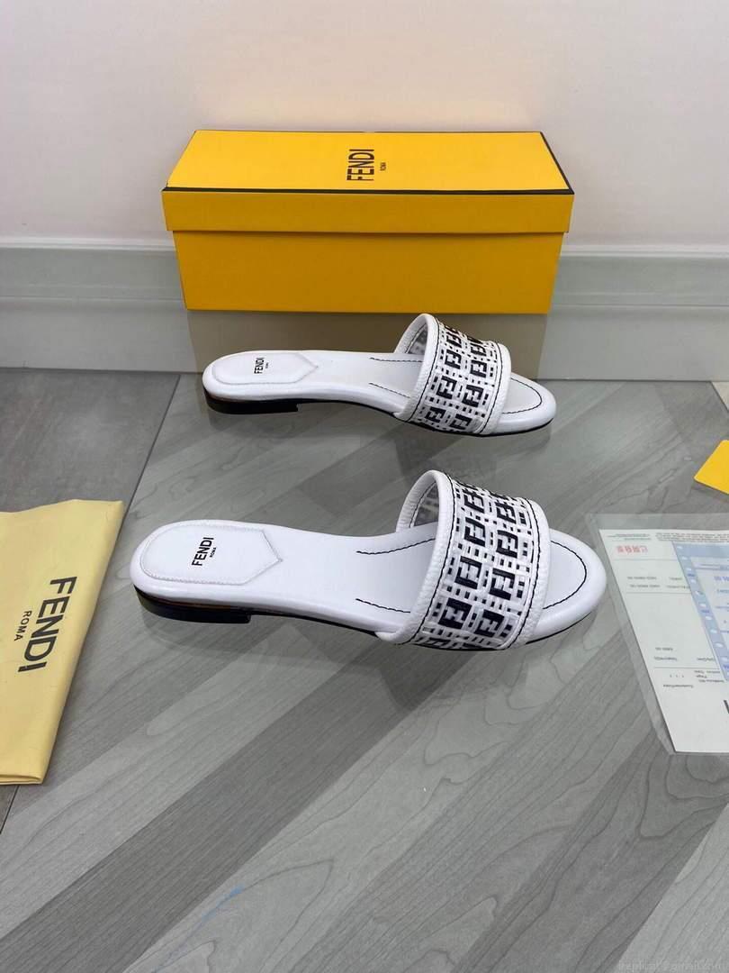 Fendi 8R8092 FF Interlace Leather Slides Flats Shoes White