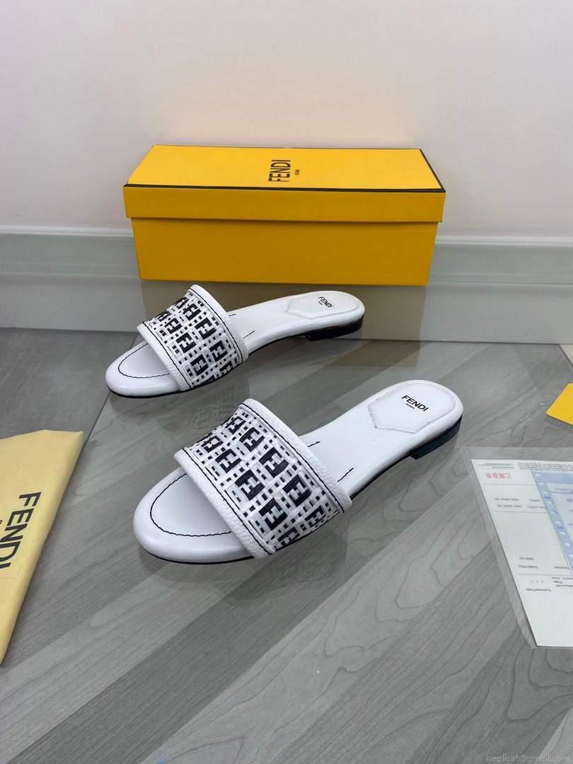 Fendi 8R8092 FF Interlace Leather Slides Flats Shoes White
