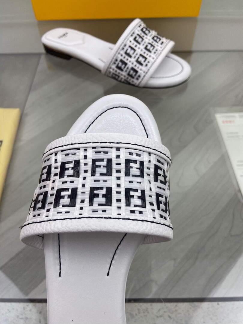 Fendi 8R8092 FF Interlace Leather Slides Flats Shoes White