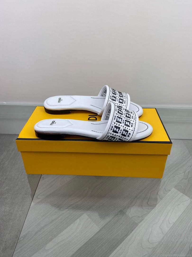 Fendi 8R8092 FF Interlace Leather Slides Flats Shoes White