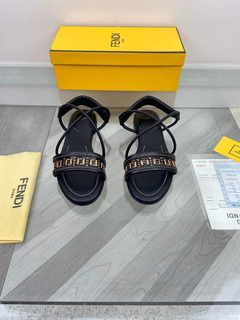 Fendi 8X8094 FF Interlace Leather Sandals Flats Shoes Black