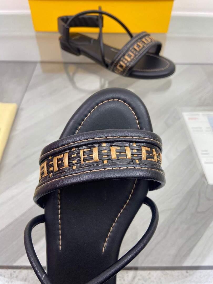 Fendi 8X8094 FF Interlace Leather Sandals Flats Shoes Black
