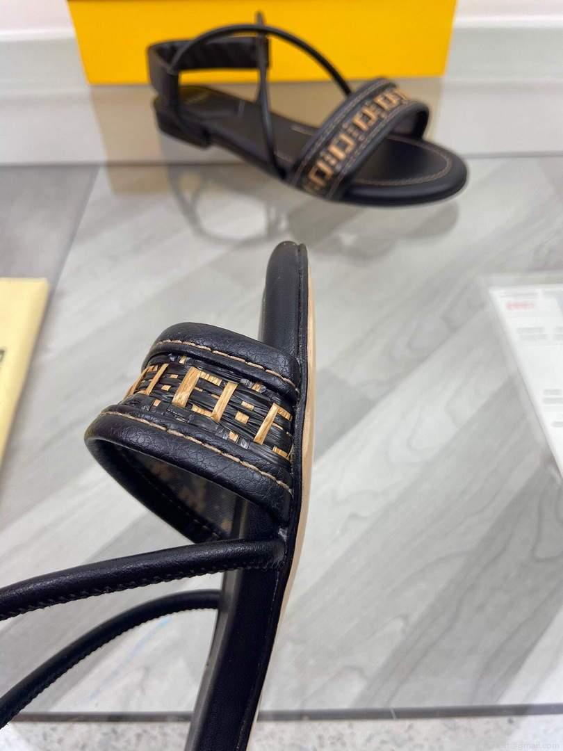 Fendi 8X8094 FF Interlace Leather Sandals Flats Shoes Black
