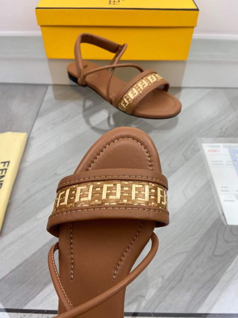 Fendi 8X8094 FF Interlace Leather Sandals Flats Shoes Brown