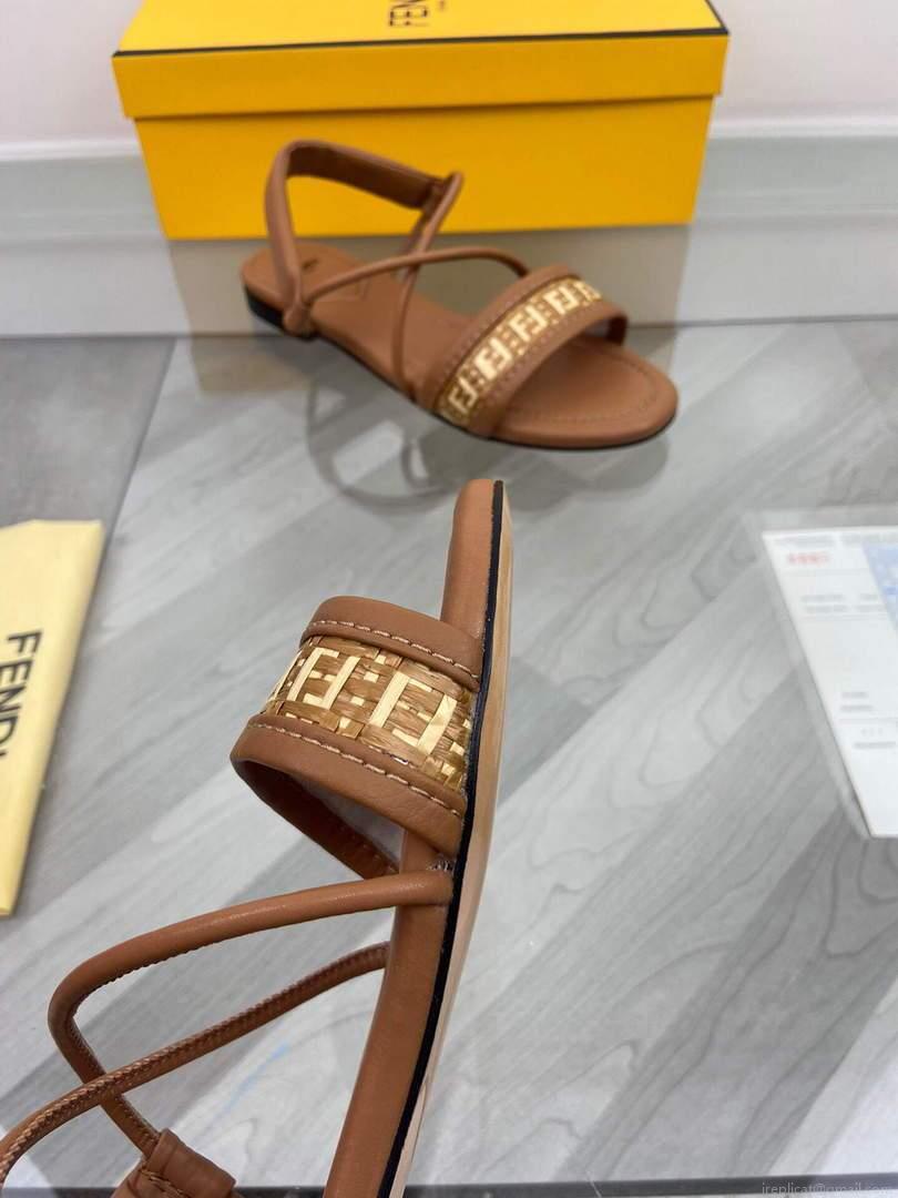 Fendi 8X8094 FF Interlace Leather Sandals Flats Shoes Brown