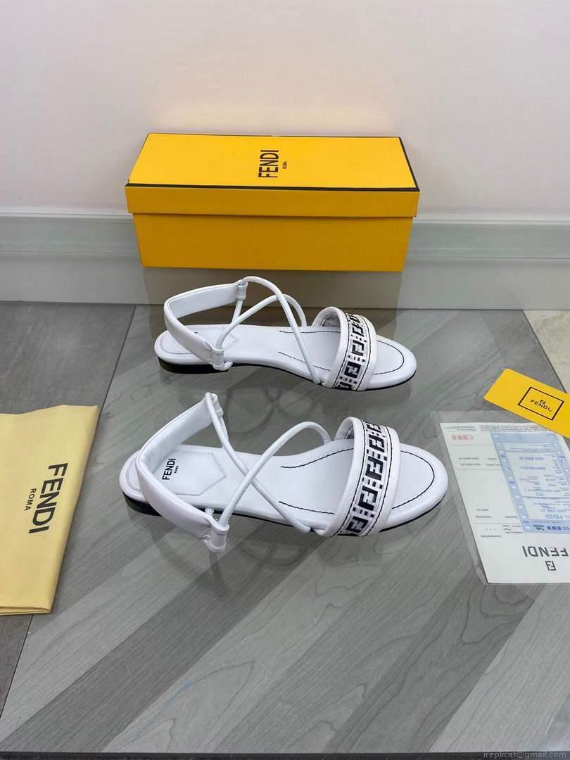 Fendi 8X8094 FF Interlace Leather Sandals Flats Shoes White