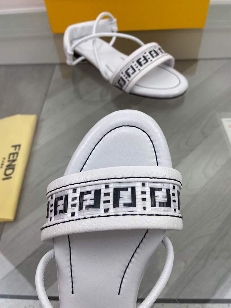 Fendi 8X8094 FF Interlace Leather Sandals Flats Shoes White