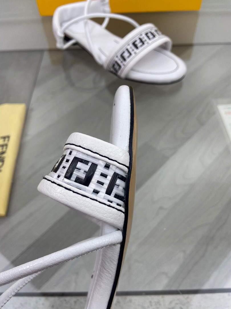 Fendi 8X8094 FF Interlace Leather Sandals Flats Shoes White