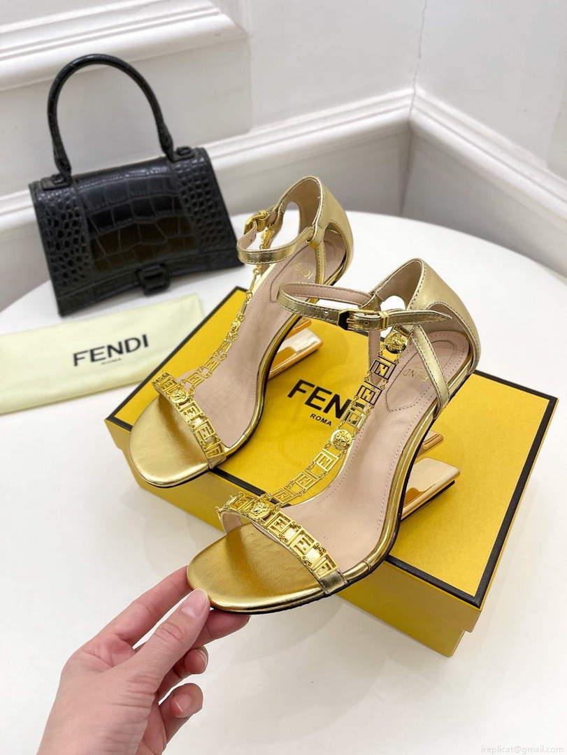 Fendi 8X8306 First Fendace Leather high-heeled Sandals gold