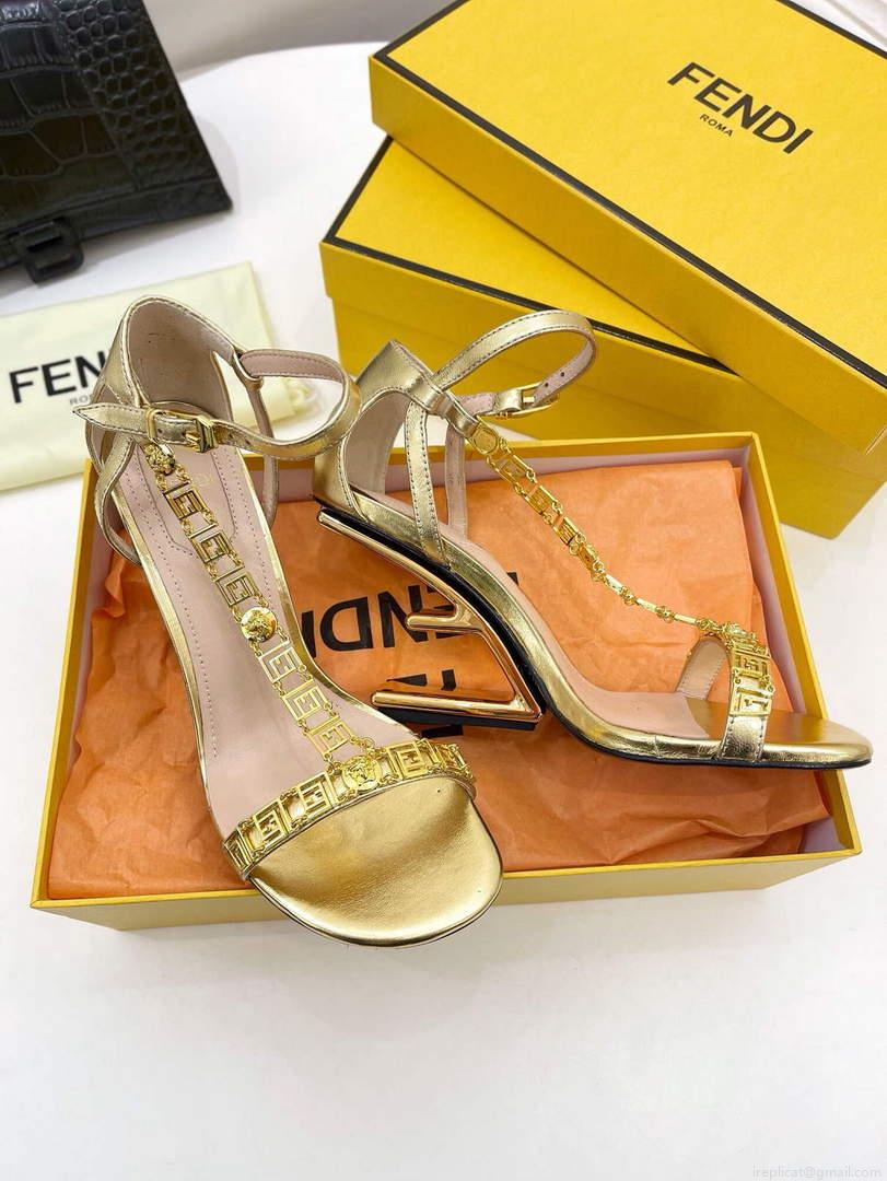 Fendi 8X8306 First Fendace Leather high-heeled Sandals gold