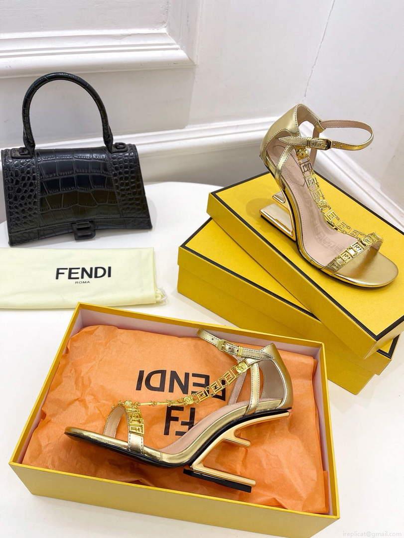 Fendi 8X8306 First Fendace Leather high-heeled Sandals gold