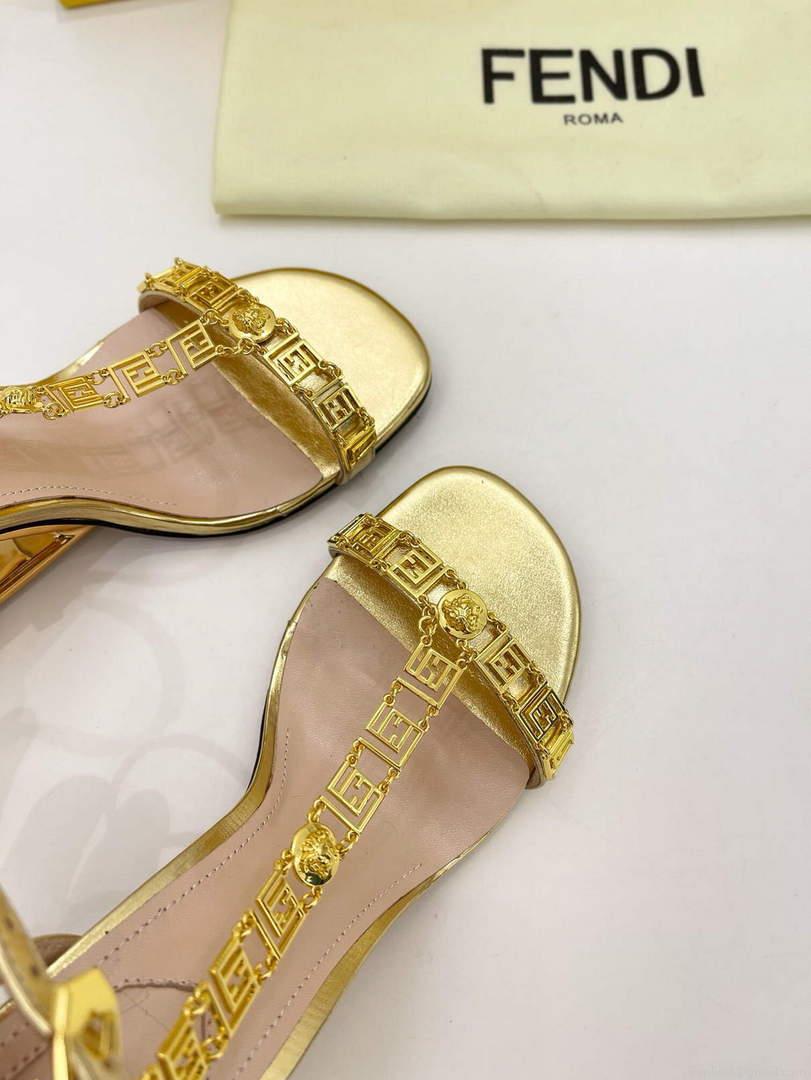 Fendi 8X8306 First Fendace Leather high-heeled Sandals gold