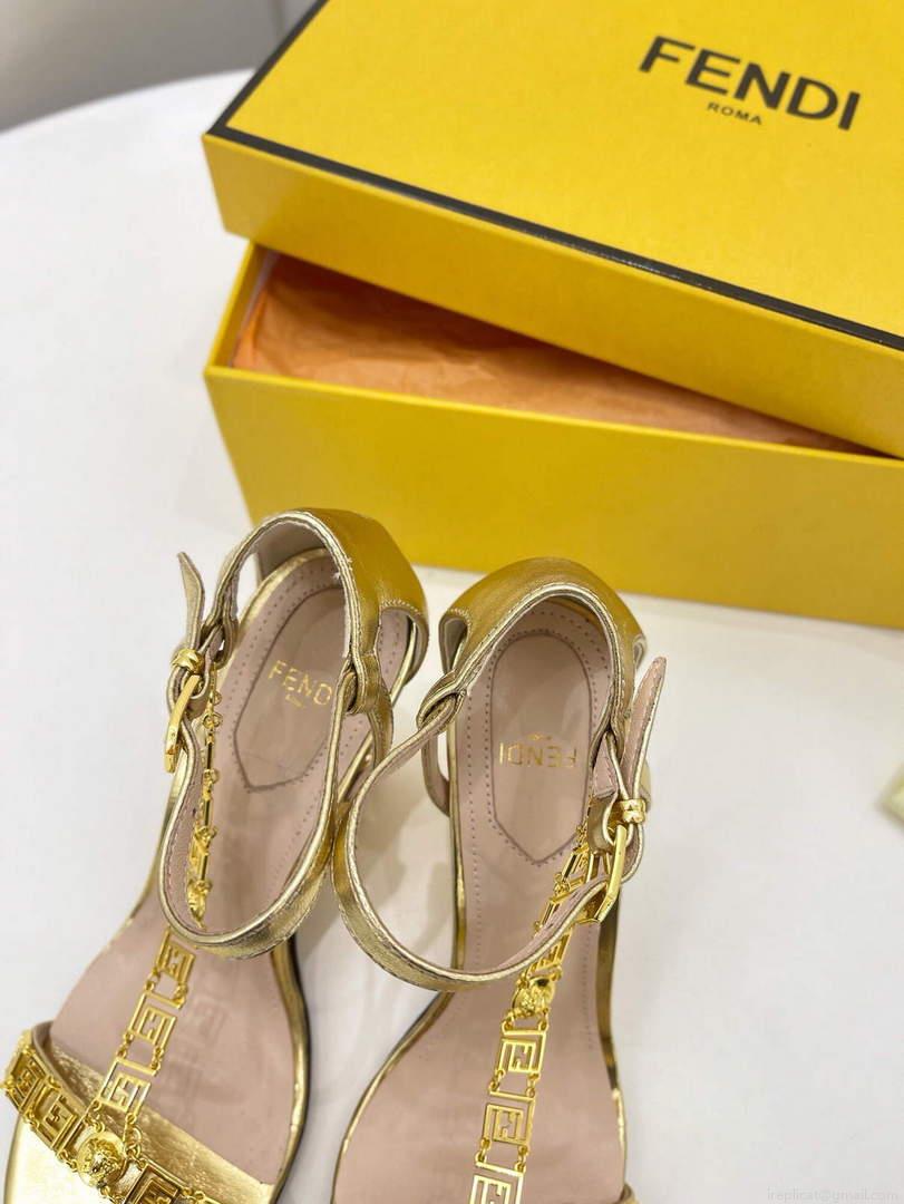 Fendi 8X8306 First Fendace Leather high-heeled Sandals gold