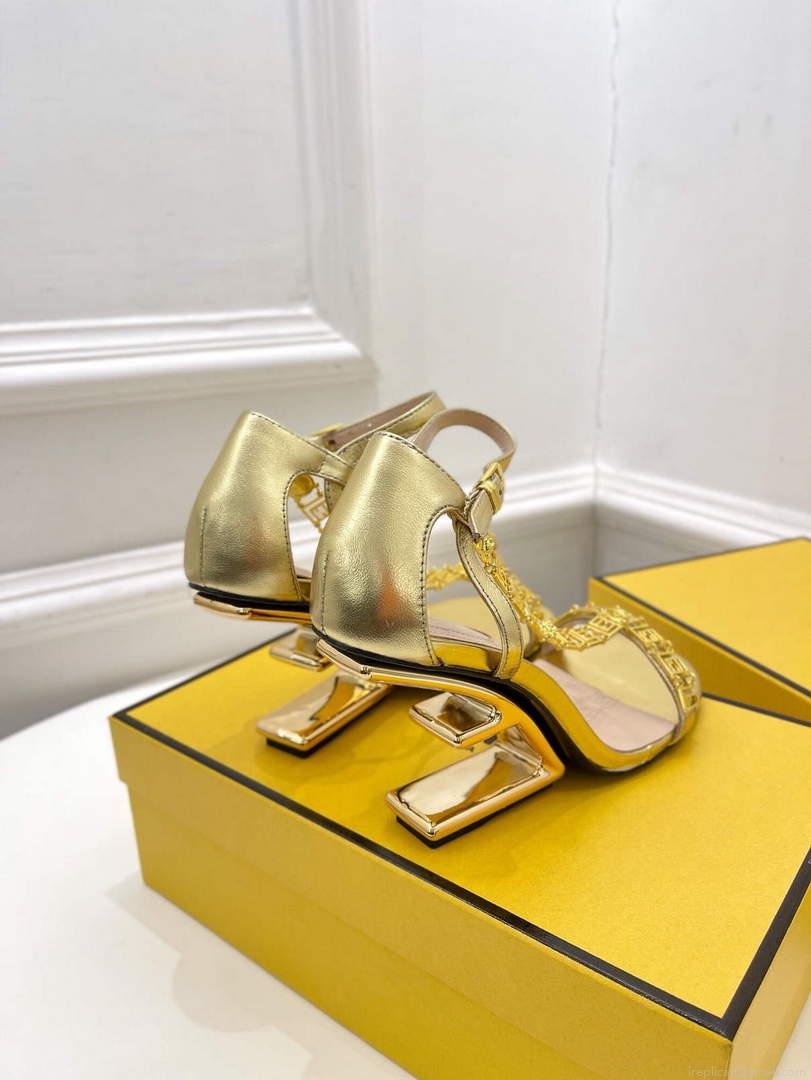 Fendi 8X8306 First Fendace Leather high-heeled Sandals gold