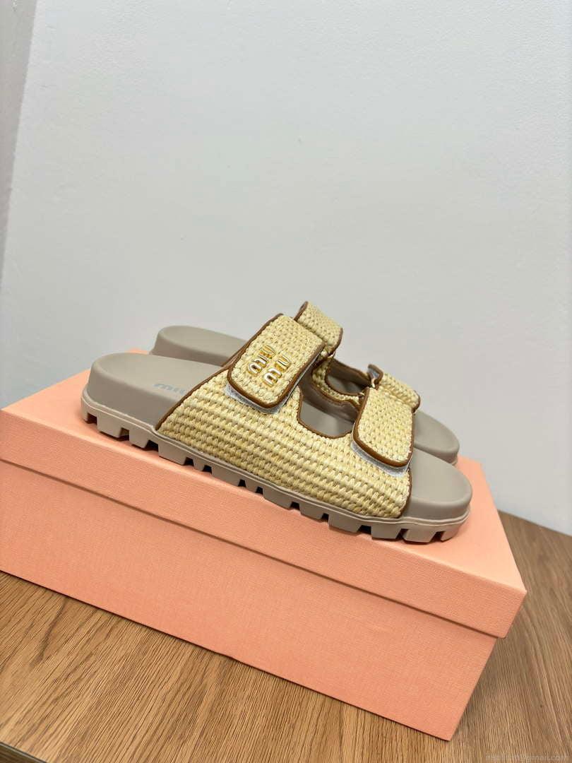 MiuMiu 5X133E Women’s Sporty raffia-effect woven fabric sandals Miu8004