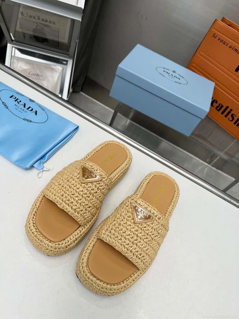 Prada 1XZ761 Crochet Flatform slides in Raffia