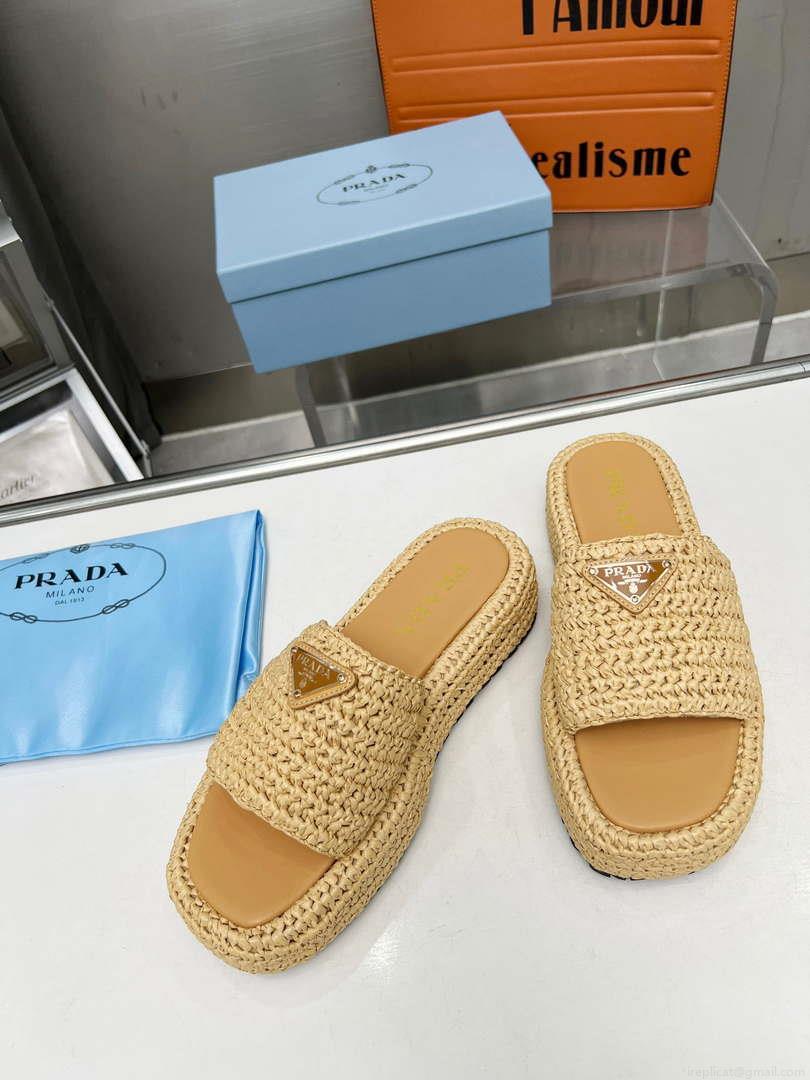 Prada 1XZ761 Crochet Flatform slides in Raffia