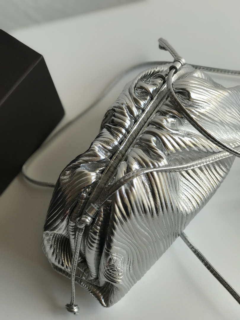 BV 585852 Bottega Veneta Mini Pouch Lambskin leather clutch with strap metallic Sliver