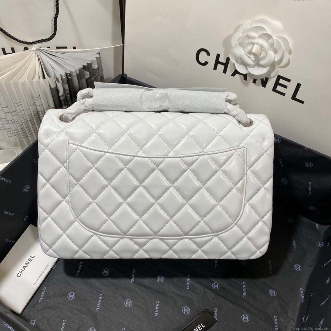 Chanel CF A01113 Classic Flap Bag in White Lambskin Silver