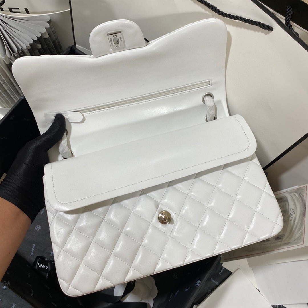 Chanel CF A01113 Classic Flap Bag in White Lambskin Silver