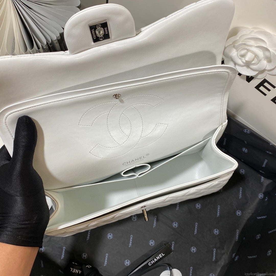 Chanel CF A01113 Classic Flap Bag in White Lambskin Silver