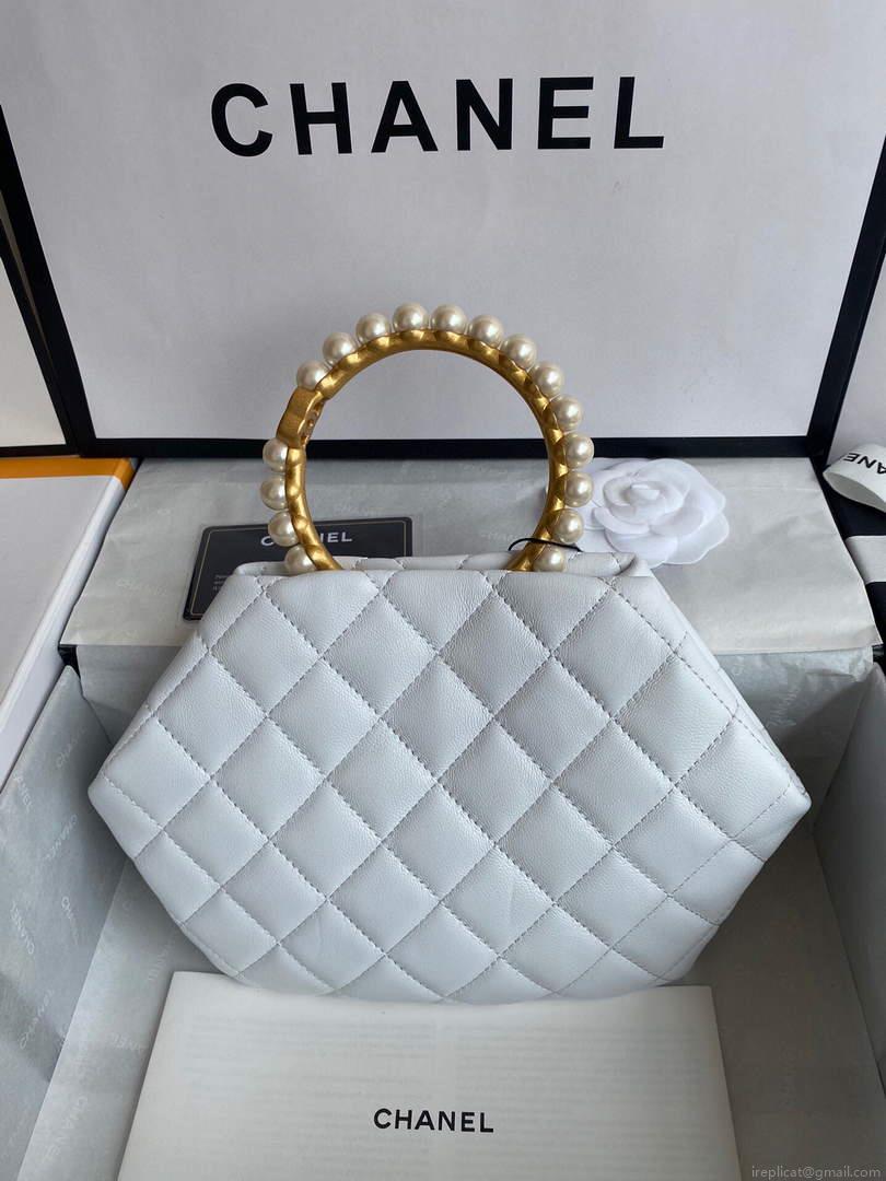 Chanel Women’s Bag Sheepskin Pearl Handle Evening Bag Handbag AS2609 White