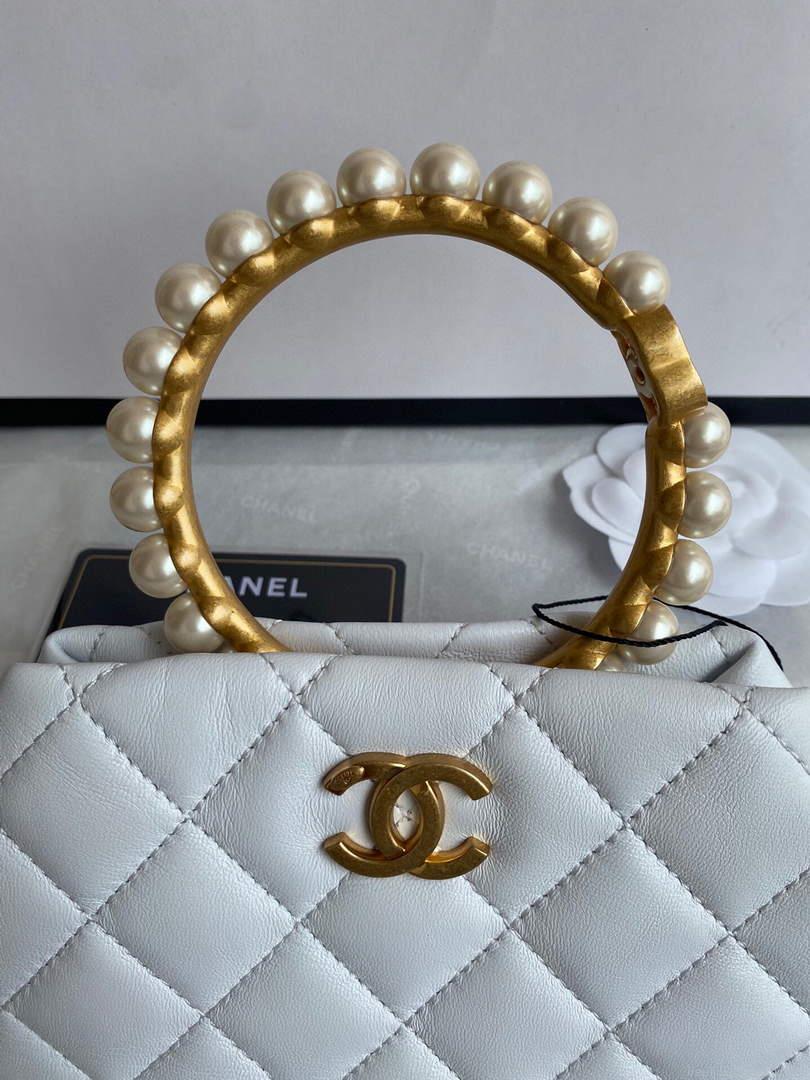 Chanel Women’s Bag Sheepskin Pearl Handle Evening Bag Handbag AS2609 White