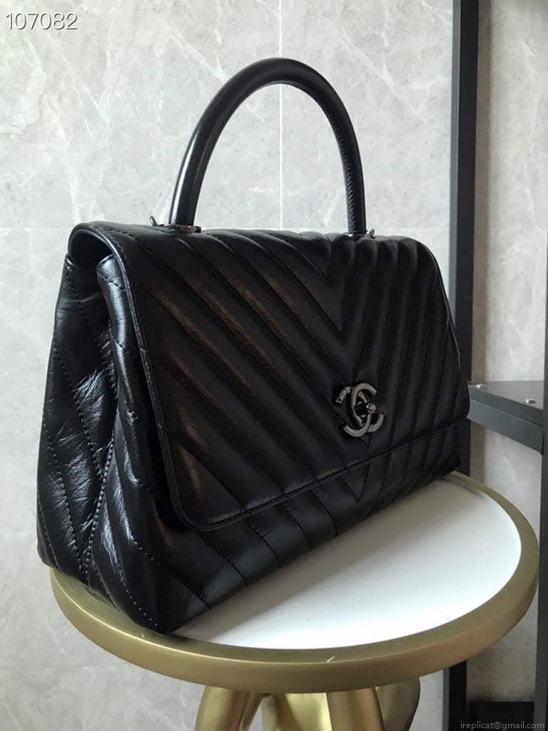 Chanel Large Top Handle Bag A92991 lambskin Black with Black Hardward