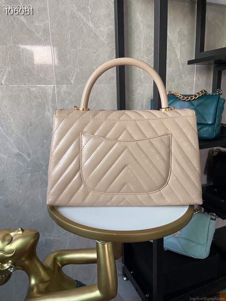 Chanel Large Top Handle Bag A92991 lambskin V gird Apricot Gold