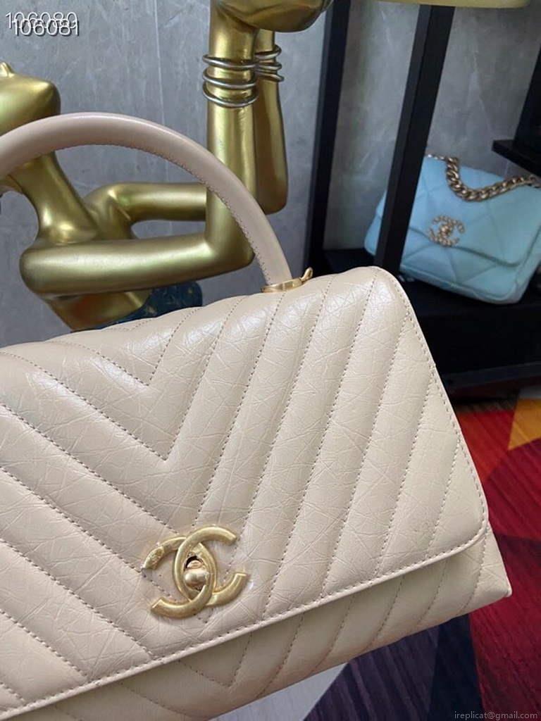 Chanel Large Top Handle Bag A92991 lambskin V gird Apricot Gold
