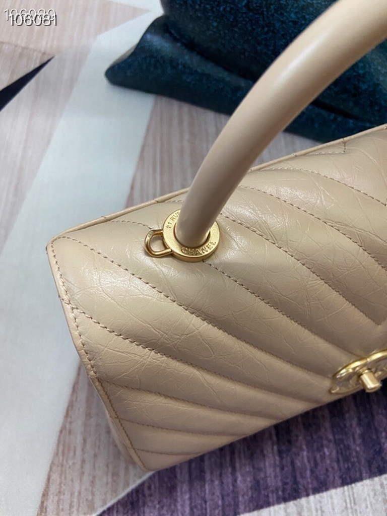 Chanel Large Top Handle Bag A92991 lambskin V gird Apricot Gold